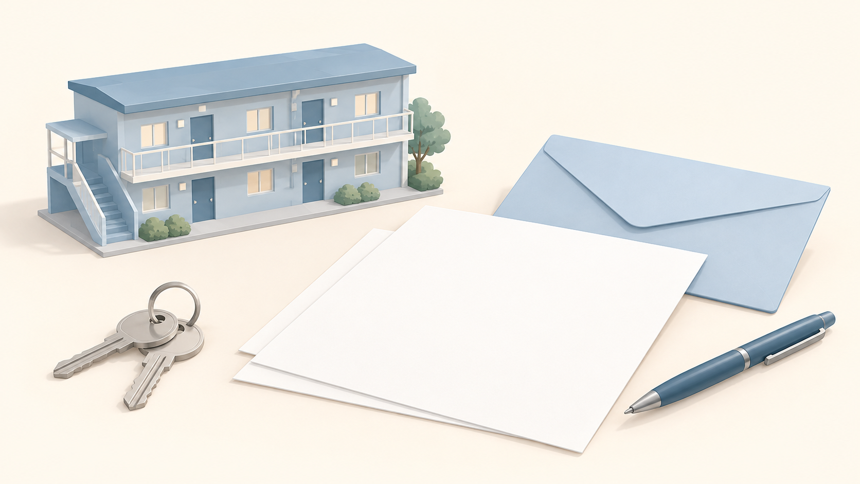 小さな集合住宅の模型、白紙の書類と封筒、ペン、鍵を並べたイラスト